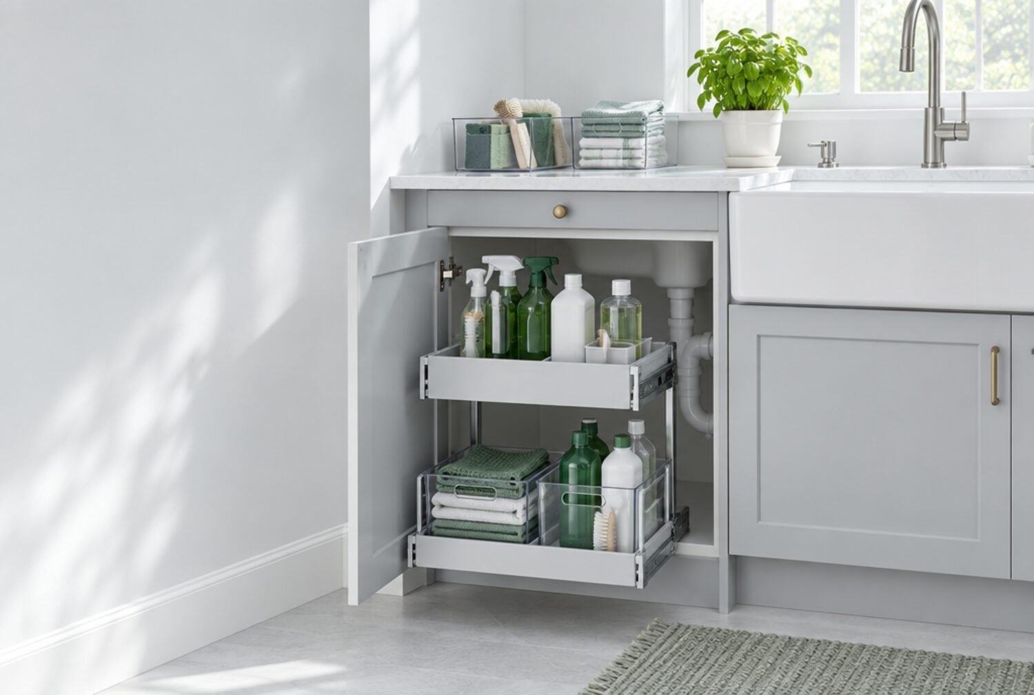 Organized cabinet under a kitchen sink with sliding baskets